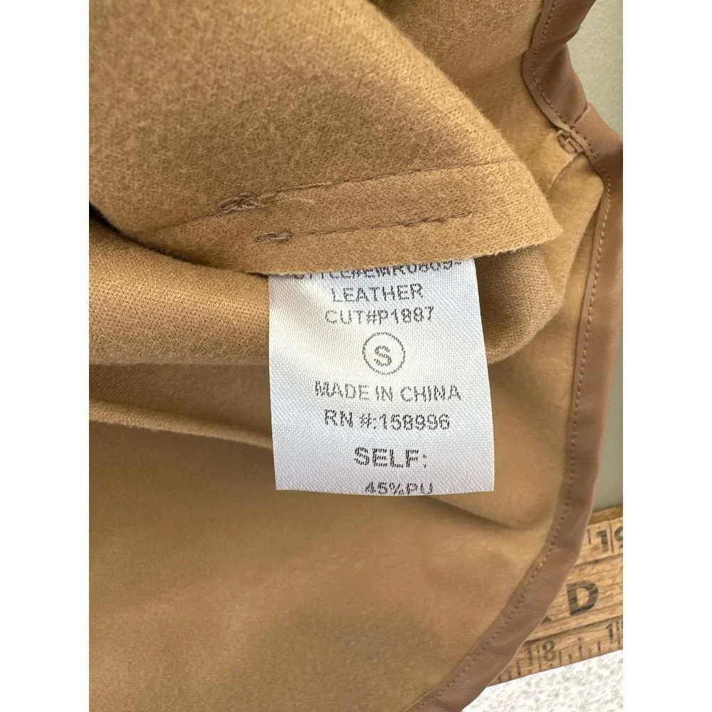 Aaron & Amber Leather Bow Tie Puff Sleeve Top Womens S Tan PU Blend Neutral NEW